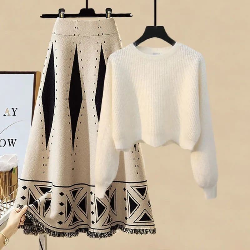 Women's Clothing Plus Size Autumn Suits Age Reducing Wavy Edge Short Sweater Slim Skirt Two Piece Suit