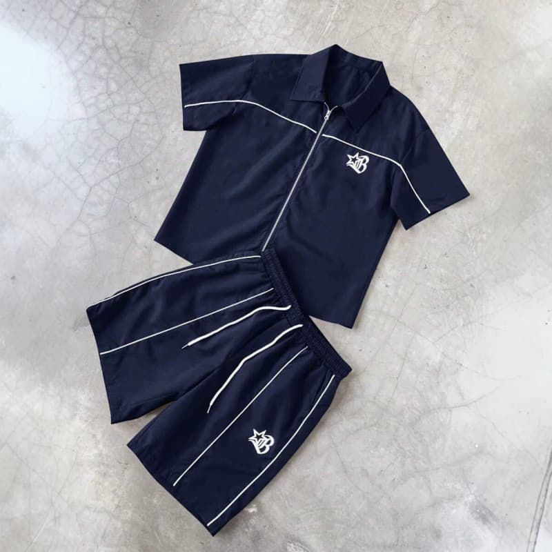 Men's Y2K American Street Style Striped Zip Up Quick Drying Short Sleeve Shirt Set Casual Two Piece