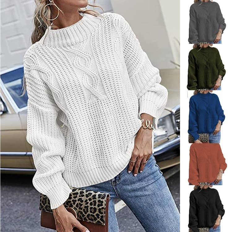 Women's Crew Neck Sweater Twisted Long Sleeve Knitted Sweater Jumper