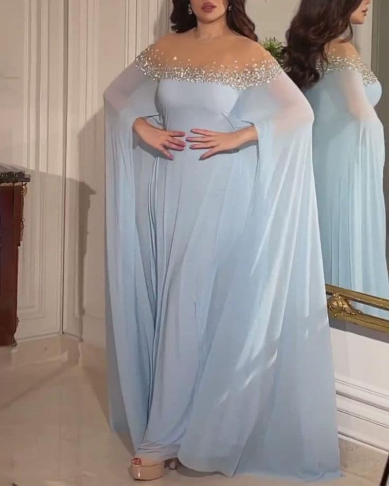 Women's Clothing Sexy High Waist Hot Diamond Pearl Chiffon Banquet Evening Dress