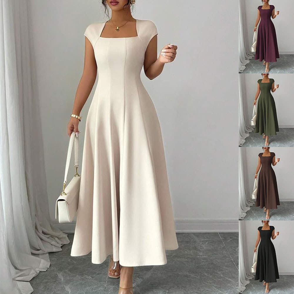 Elegant Long Dress For Women Square Neck Short Sleeve Style
