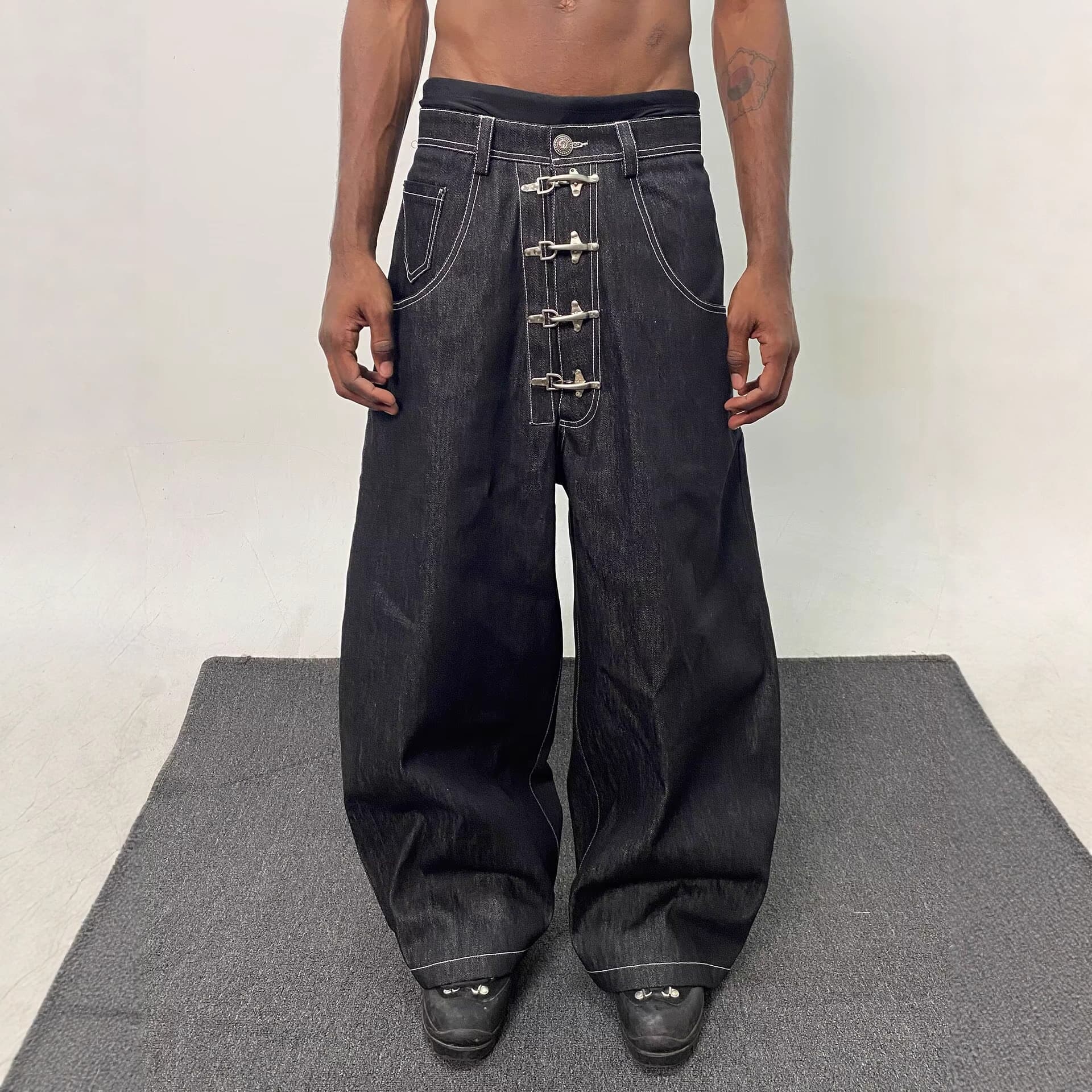 ​​Streetwear Denim Jeans – High-Waisted Baggy Fit With Airplane Buckle, Raw Selvedge & Vintage Wash (S-XXXL, Blue/Black)​​