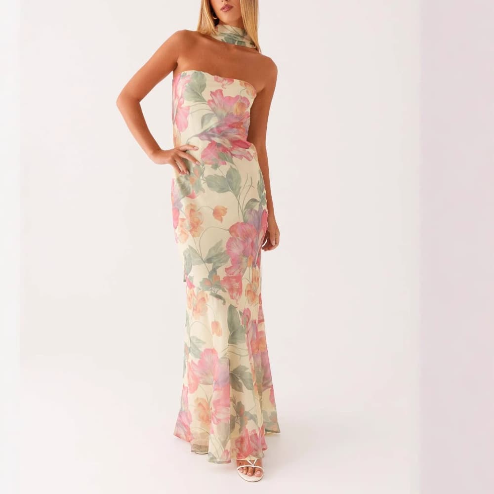 Robe tube élégante printemps-été en satin dos nu avec imprimé floral numérique - Tissu en mousseline, taille haute, longueur longue