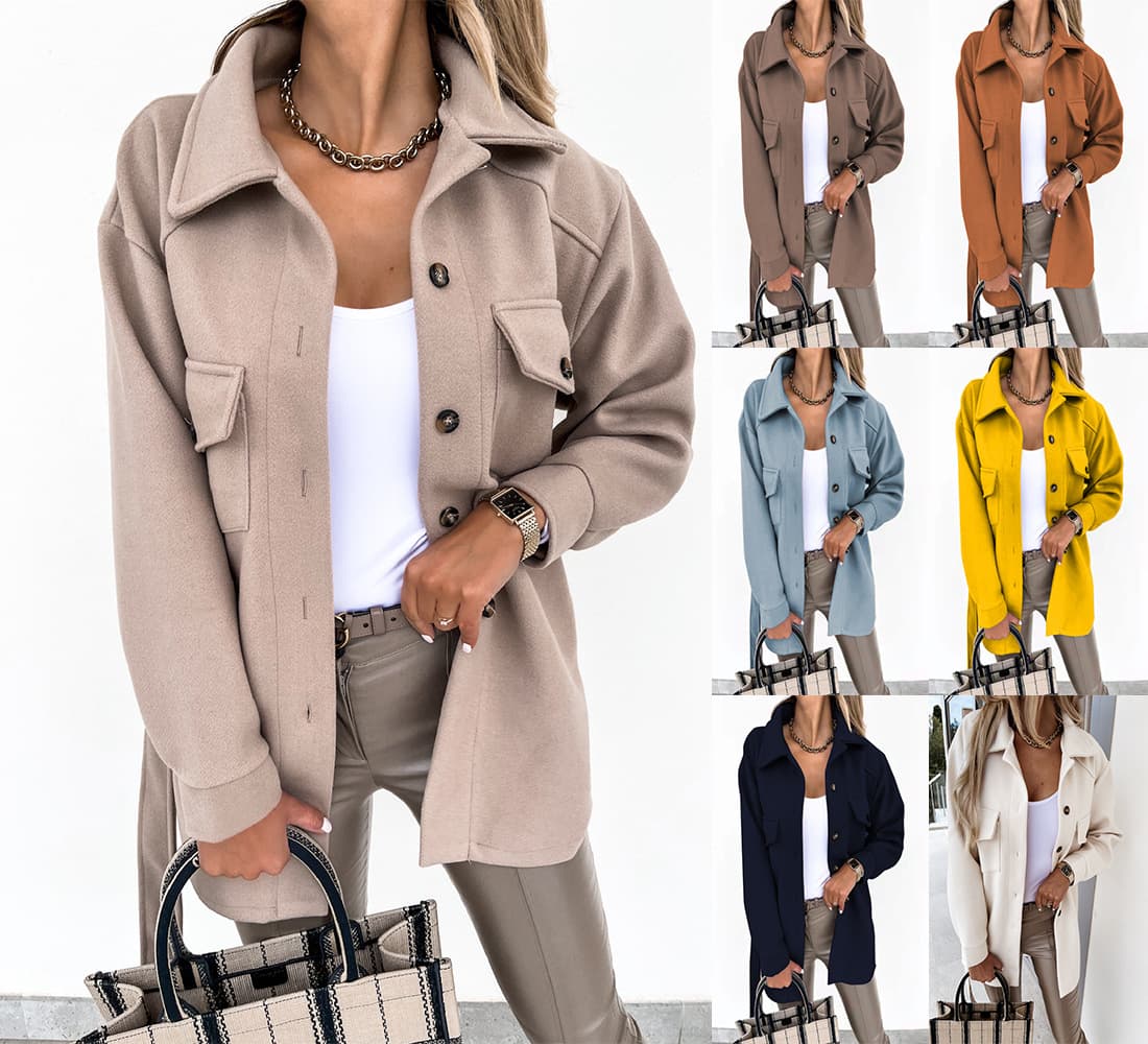 Europe and the United States cross-border autumn and winter lapel single-breasted thick solid color shirt wool loose coat female manufacturers direct