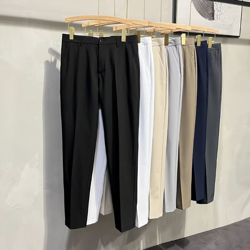 Men's Ice Silk Slim Fit Straight Leg Trousers Summer Flowy Thin Cropped Long Pants Korean Style Casual Trendy Versatile