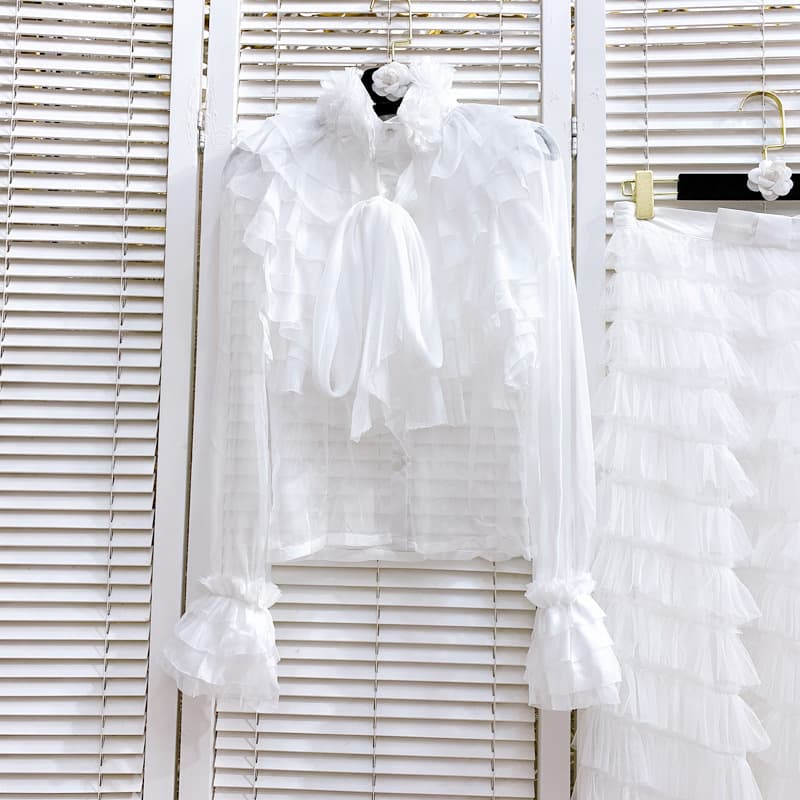 Chemise en mousseline à volants pour femme, nouvelle conception de printemps, jupe à gâteau superposée en maille