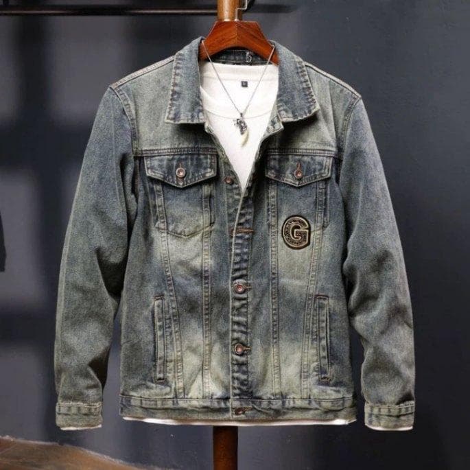 "Men's Embroidered Denim Jacket - Vintage Star Motif Biker Coat, Slim Fit Cotton Blend, Spring/Autumn Casual Outerwear (Blue, S-4XL)"