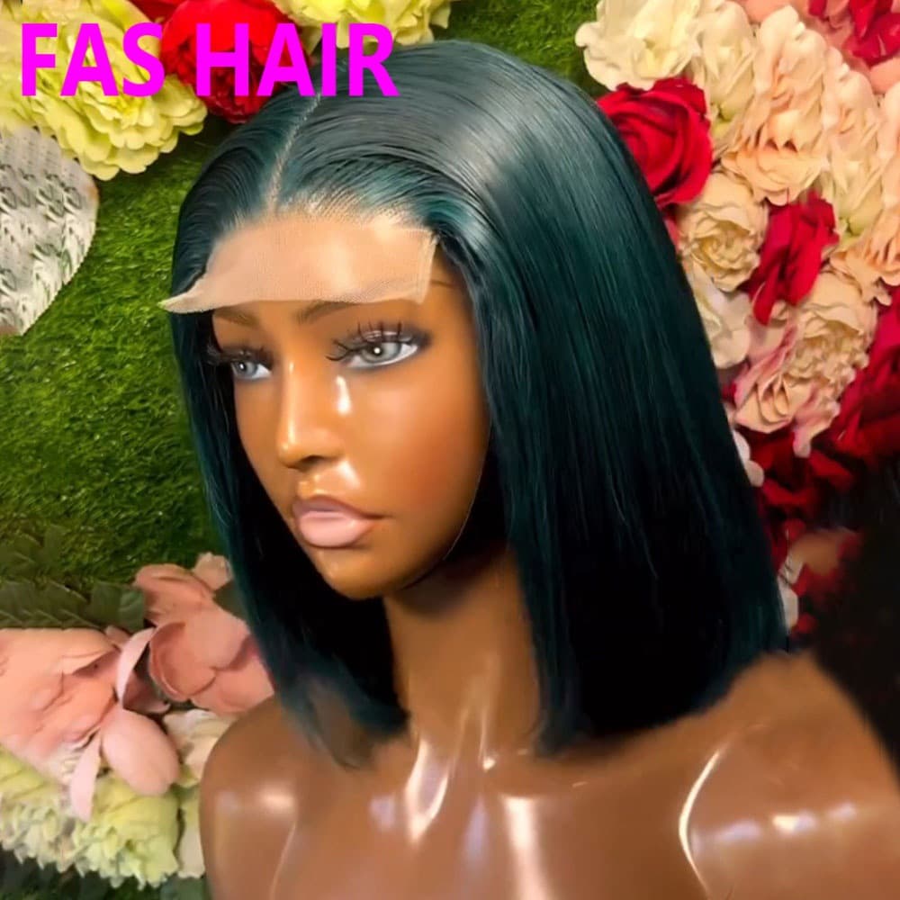 Double Drawn Dark Green Straight Bob Wig - 100% Human Hair (Natural Look, Heat Resistant, Medium Length)