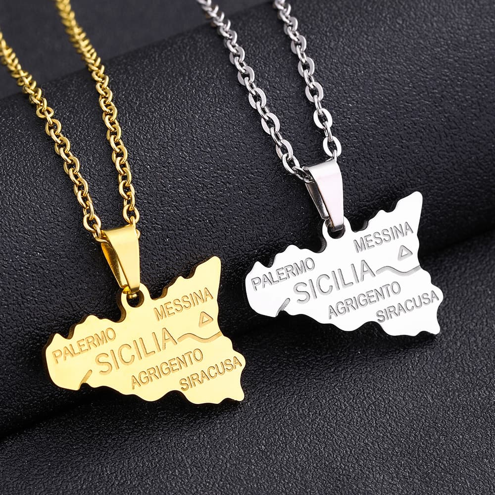 Stainless Steel Italy Sicily Map Necklace Geometric Glossy Unisex Titanium Pendant Accessories