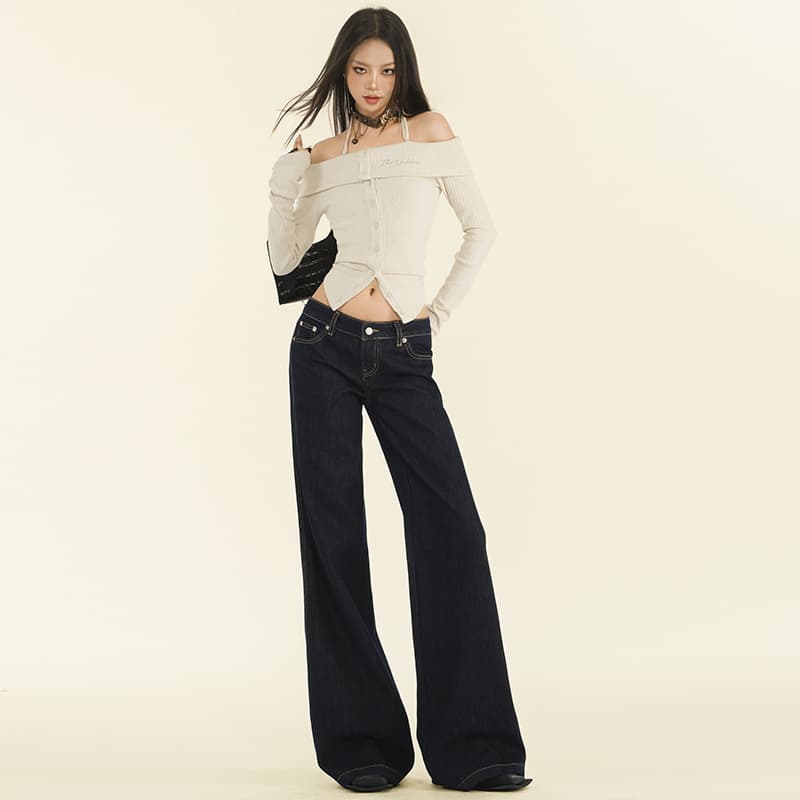 Vintage Dark Blue Low-Rise Flared Jeans For Women - Stretchy Cotton Bootcut Pants With Distressed Wash, High Waist Slim Fit & Comfortable Trousers