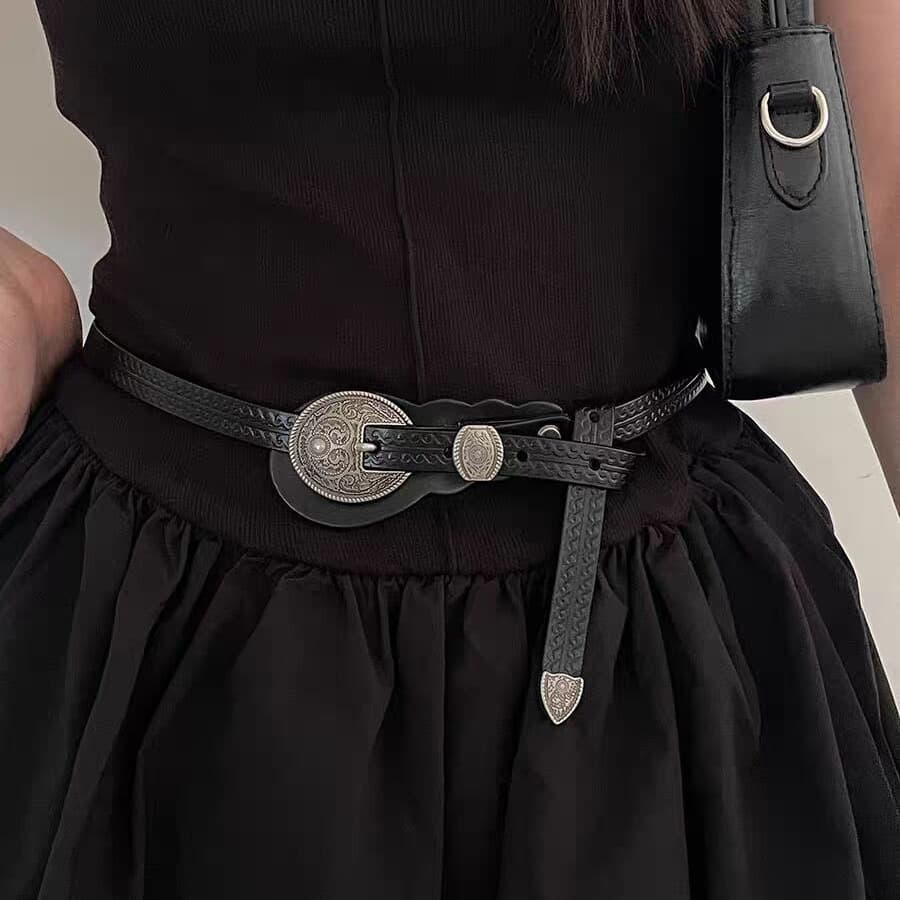 Simple And Versatile Cowhide Leather Narrow Paired With A Skirt, Knotted Thin Women, Fashionable Black Belt For Women
