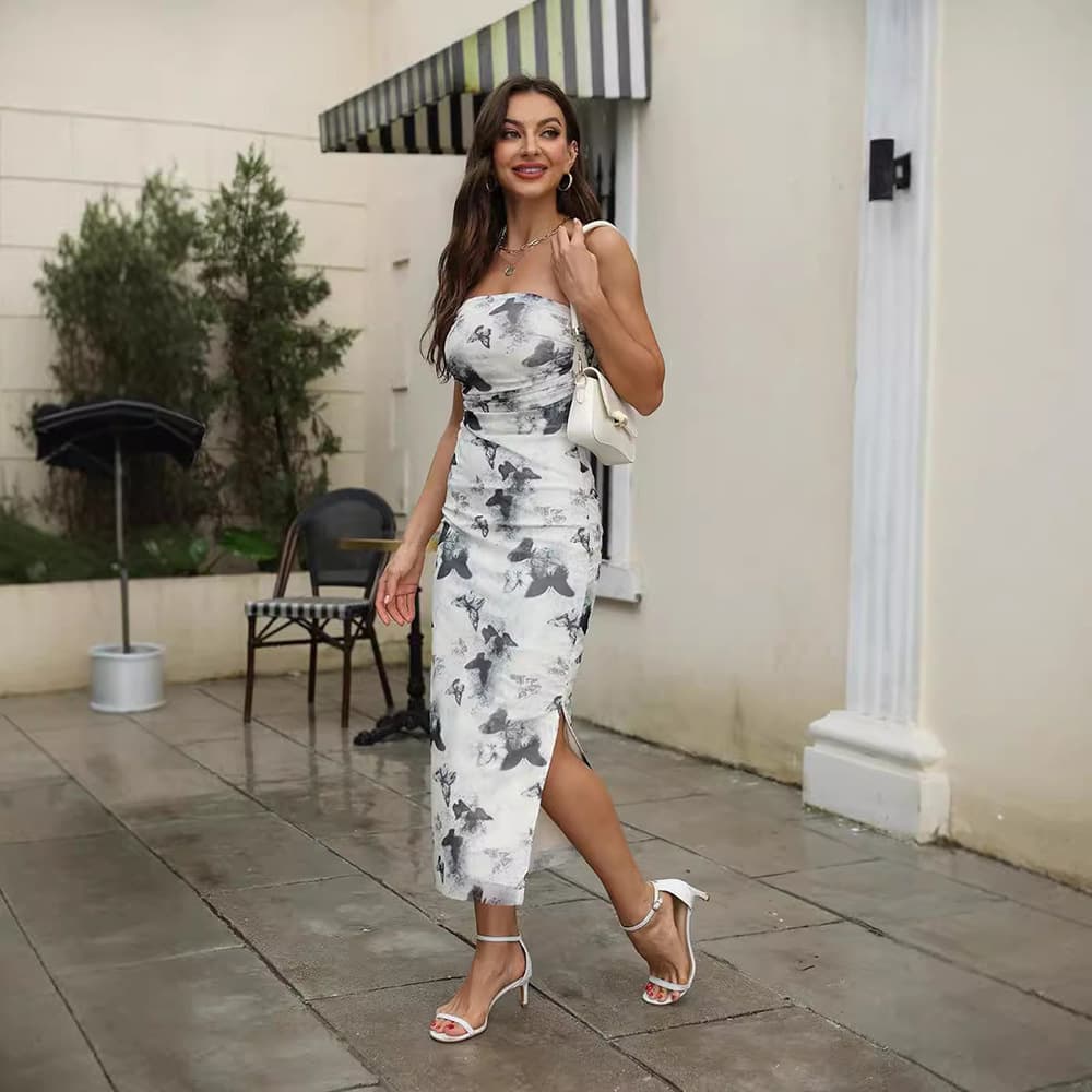 Women’s Clothing Spring And Summer New Arrival Mesh Printed Double Layer Sexy Side Slit Dress