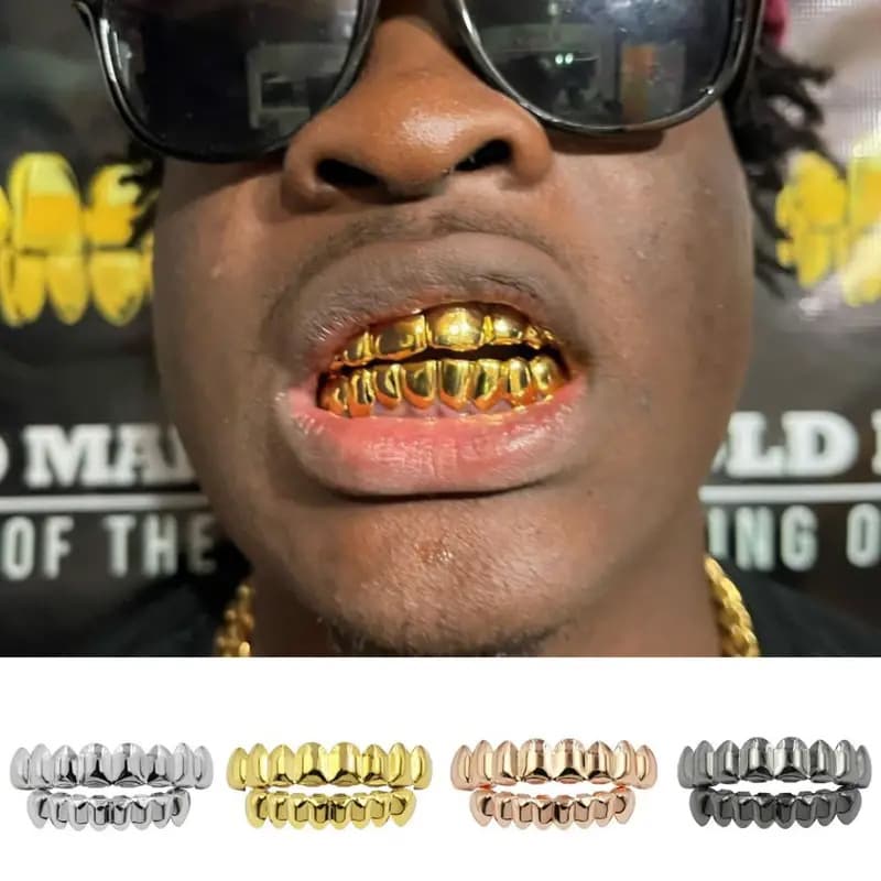 Hip Hop Gold Grillz Set - 8 Teeth Upper & Lower, Electroplated Copper, Stylish Dental Jewelry (Gold, Silver, Gun Black, Rose Gold)​