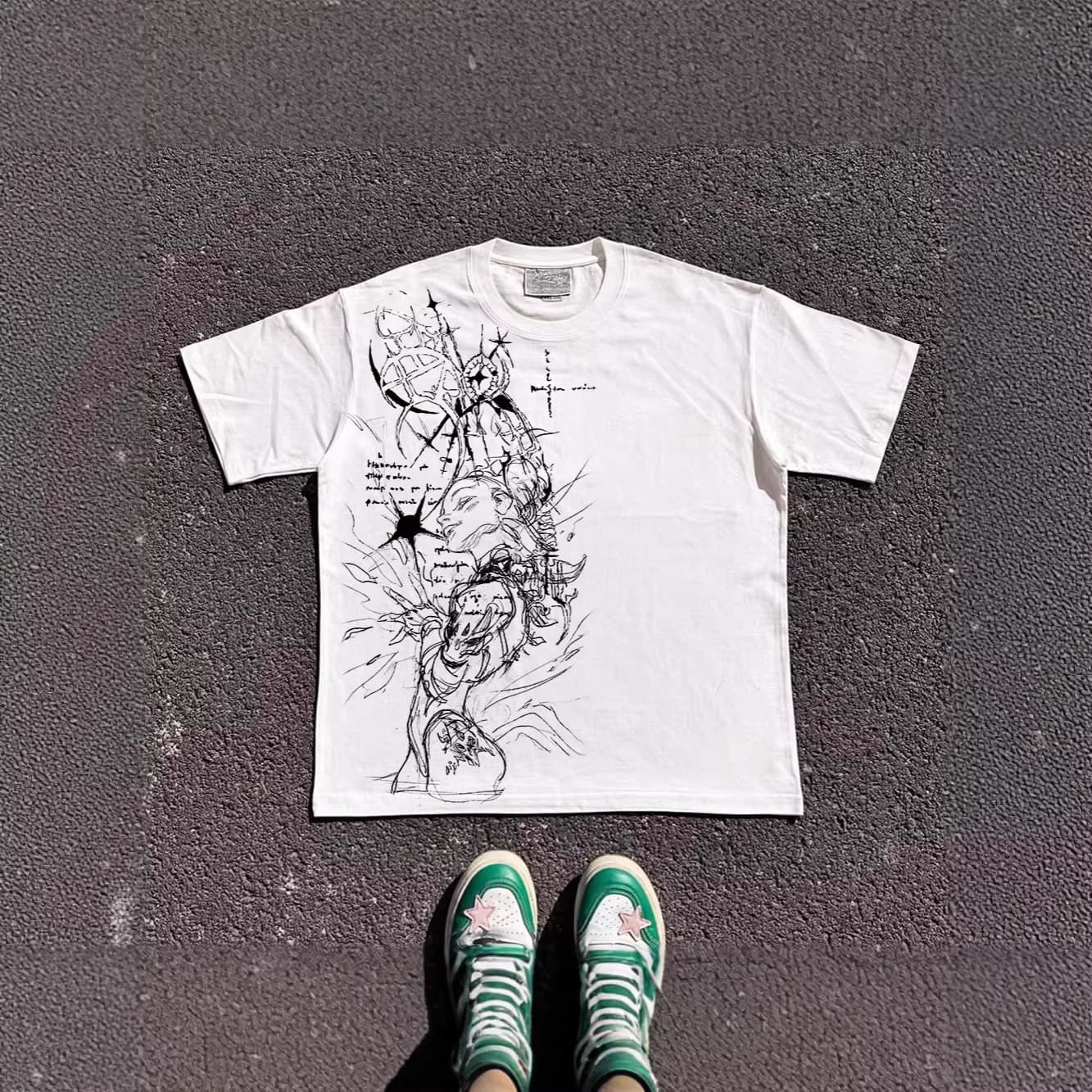 Heavyweight Pure Cotton Loose Short-Sleeved T-Shirt Oversized Line Drawing Print For Couples And Men Y2K Style
