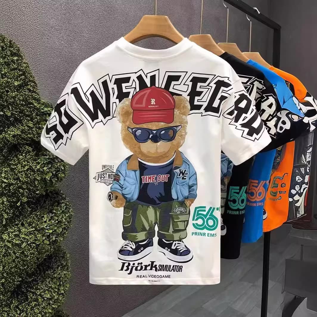 Men's Clothing High Quality Drop Shoulder Cotton T Shirt Men's Summer New Trendy Brand Half Sleeved Top Fun Cartoon Bear Short Sleeved T