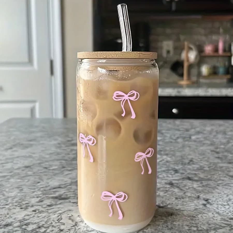 Modern Minimalist Borosilicate Glass Cup With Bow & Bamboo Lid – 16oz Leak-Proof Tumbler Set (Includes Straw, Gift-Ready)