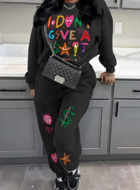 Women's Cartoon Printed Hoodie Two-piece Hoodie Set