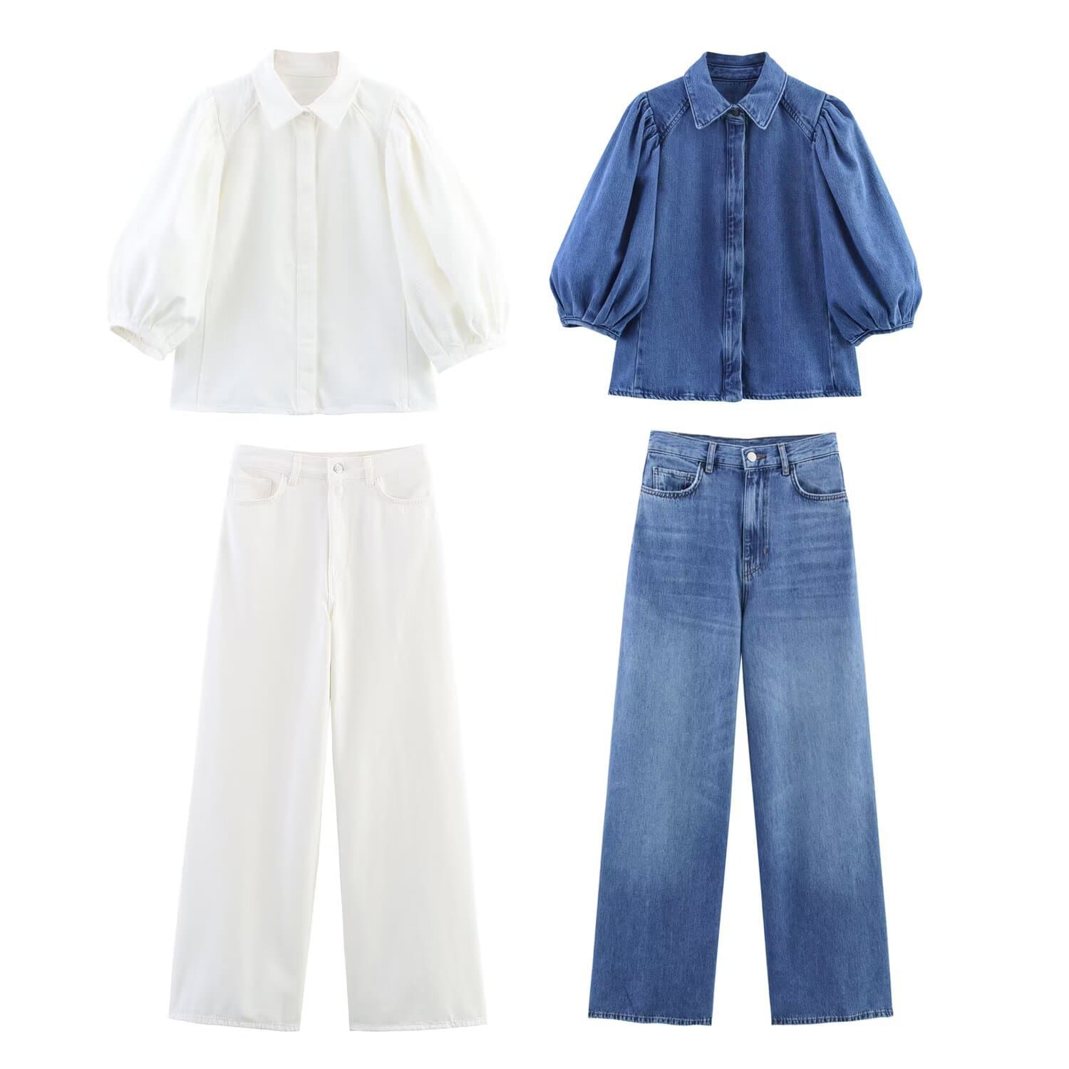 Women's Clothing Women's European American Style Collared Mid Sleeve Shirt Denim Pants Suit Set Long Sleeve For Formal & Casual