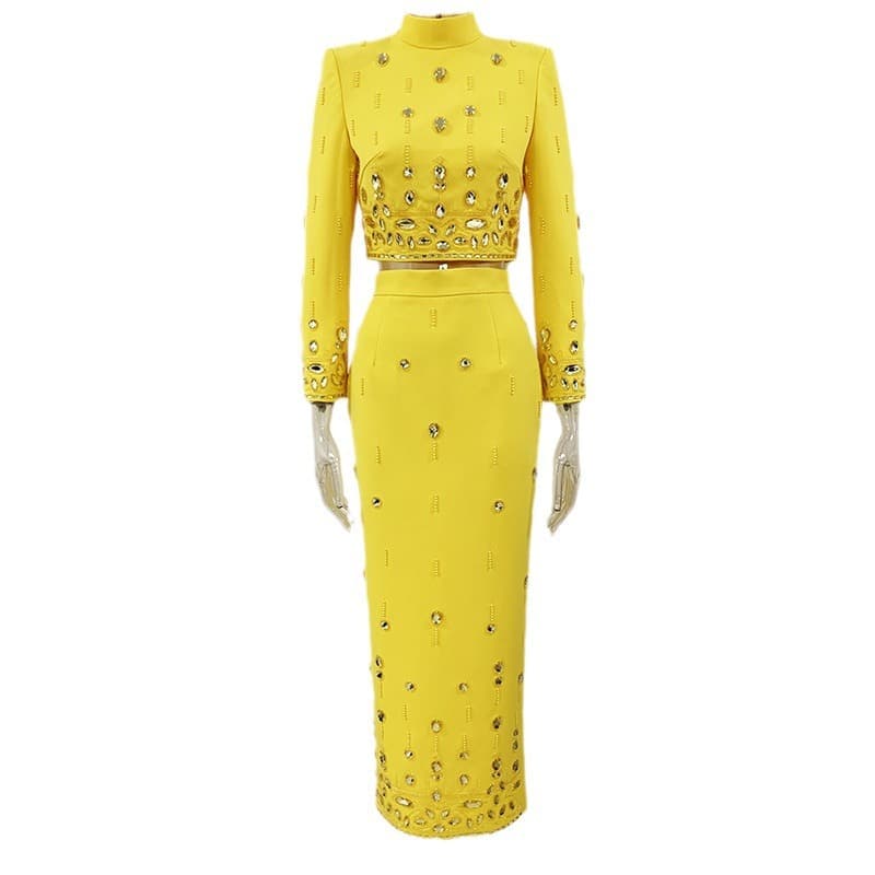 Sfashion New Heavy Beaded Diamond Short Top Long Skirt Suit Two Piece Suit