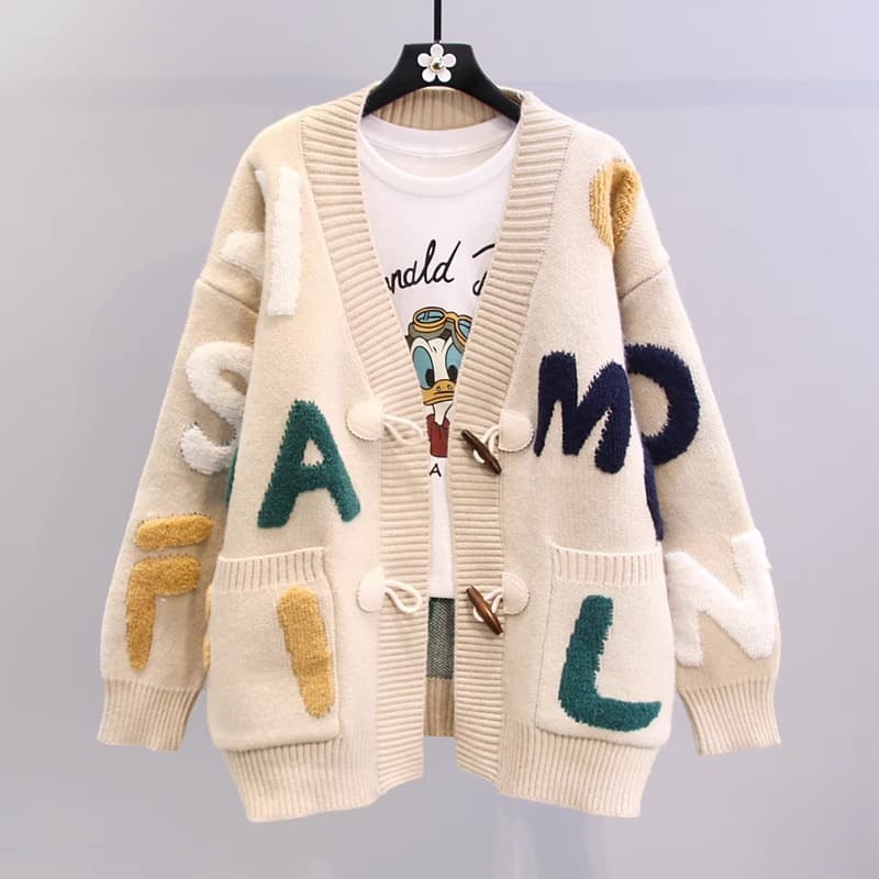 Women's Clothing Fat mm stylish horn button letter sweater jacket