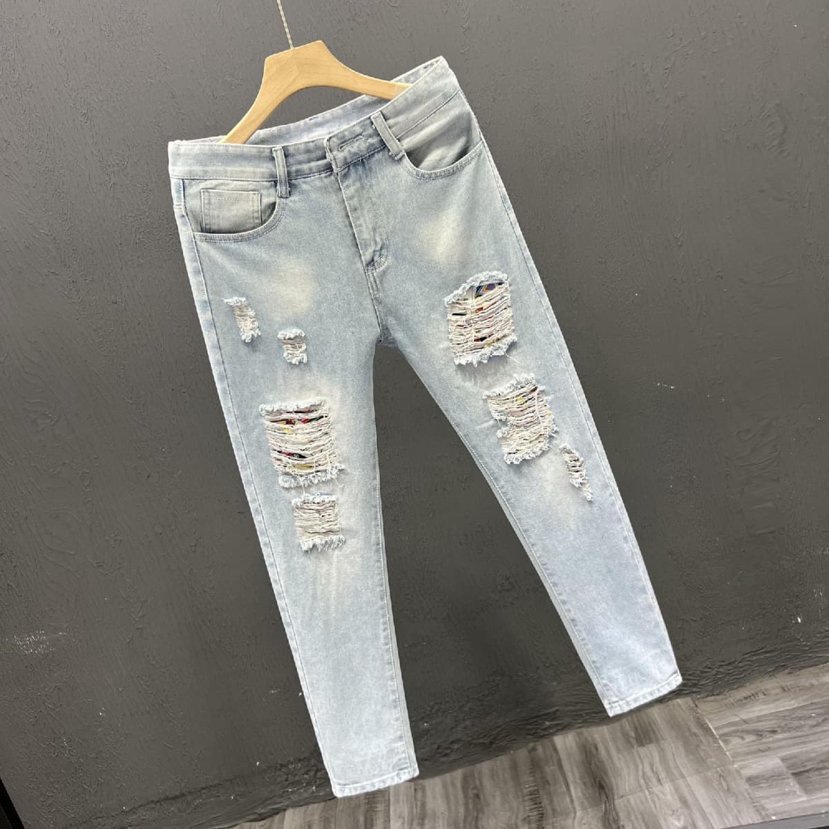 Korean Version Of Jeans, Men's Elastic Slim Fit, Trendy Brand, Beggar's Torn Holes, Scraped Edges, Versatile Casual Long