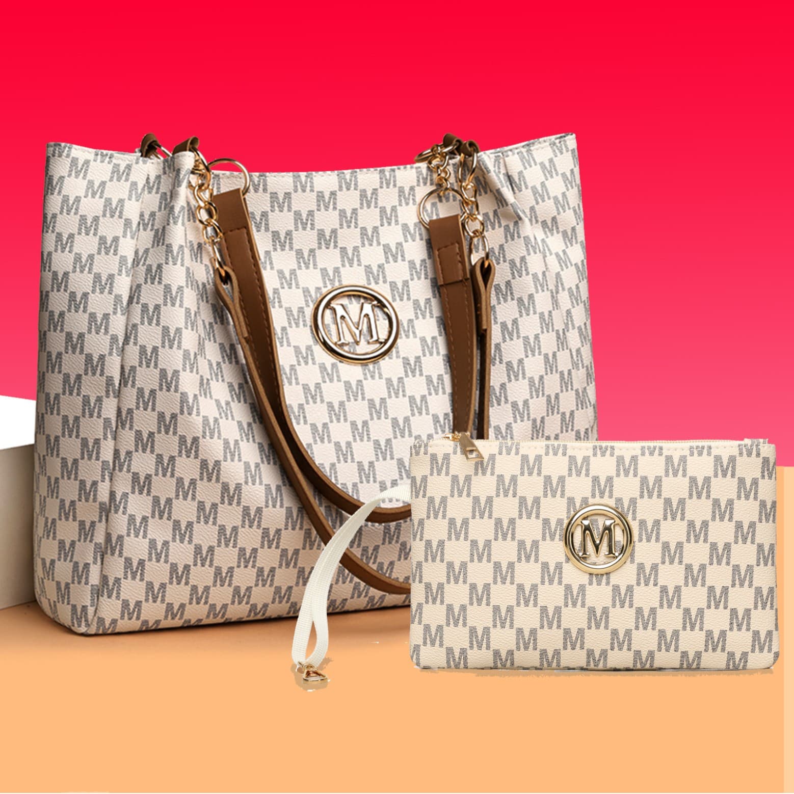 Stylish M-Print Tote & Clutch Bag Set With Chain Strap - Versatile PU Handbag Combo For Women (Black/Brown/White)