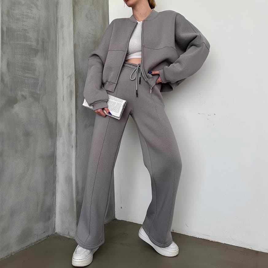 Women's Clothing Autumn Suits Solid Color Zipper Cardigan Straight Pants Splicing Suits