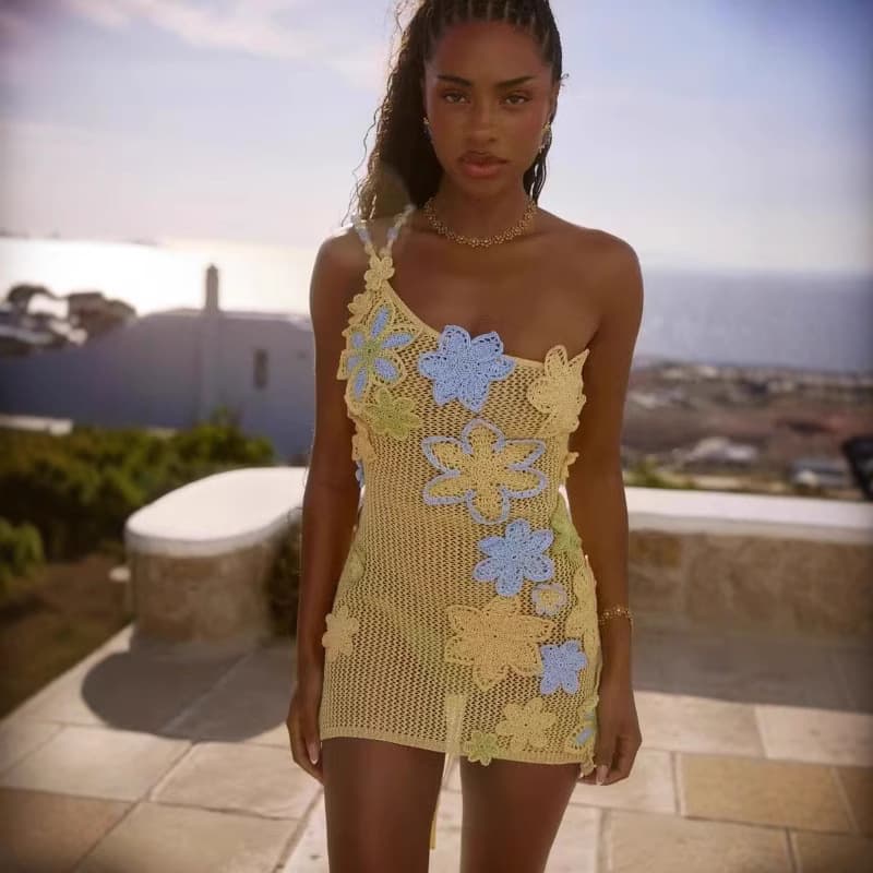 Women's Clothing Women's Dress Temperament Elegant Beach Knitted Flower Women's Mini Dress