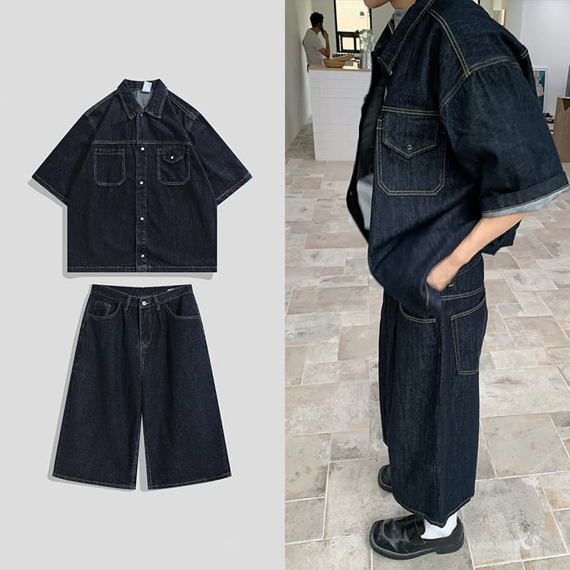 Men's Clothing Retro Denim Suit For Men, New Summer Style, High Street Style, Handsome Shirt, Seven Point Wide Leg Pants, Two Piece Suit