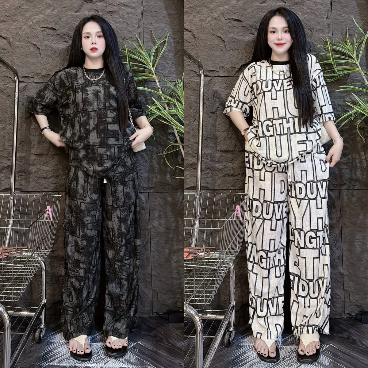 Southeast Asian American Retro Fashion Women's Summer Two-Piece Set Wide Leg Pants Short Sleeve Casual Suit with Letter Print