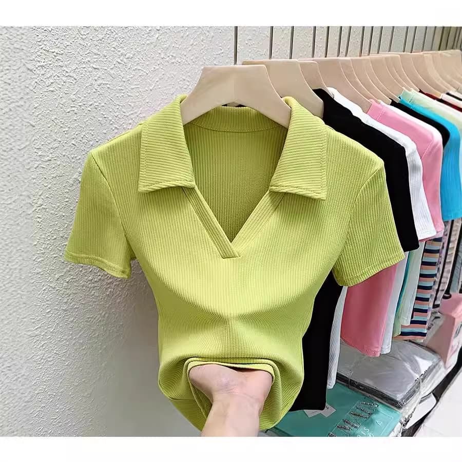Women's Clothing Women's Threaded Cotton V Neck Bottoming Shirt Short Sleeved Solid Color Inner Tight Top Spring And Autumn Versatile T Shirt Short