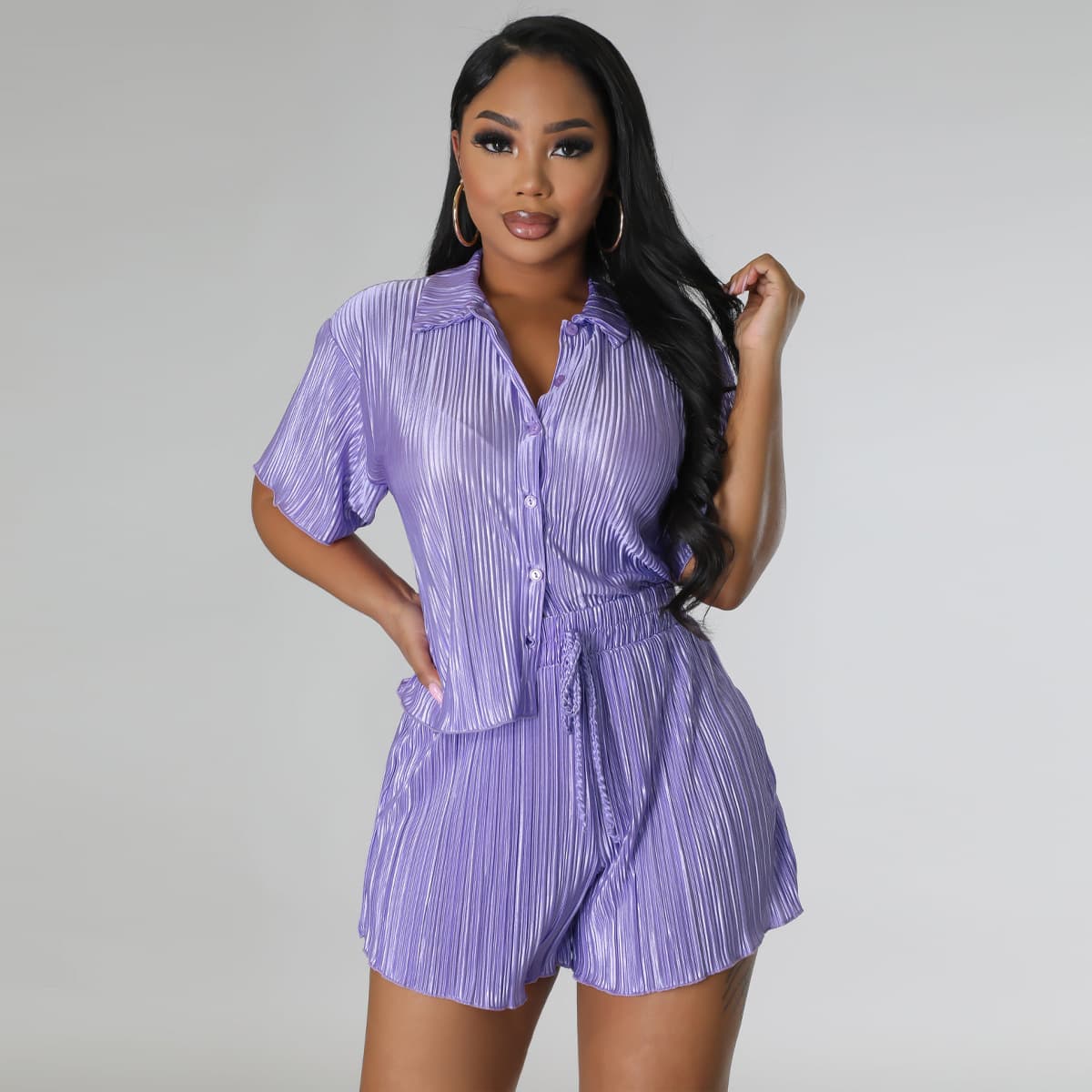 Women's Clothing Summer New Solid Color Wrinkled Casual Two Piece Suit