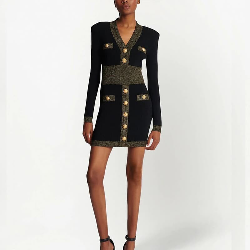 Women's Clothing New Style Bright Silk Stitching High Quality Long Sleeved Waist Knitted Dress