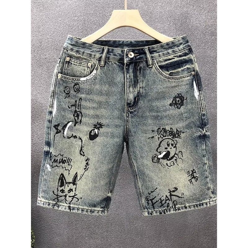 Men's Clothing Men's Cartoon Print Denim Shorts Summer Trendy Loose Straight Leg 5 Point Pants For Formal & Casual