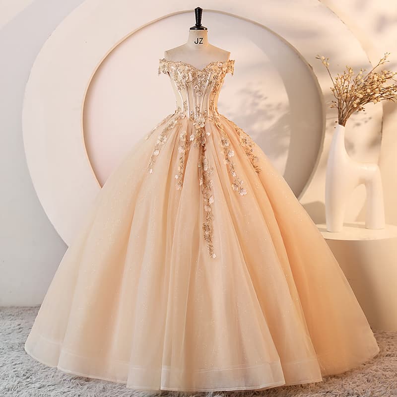 Elegant Champagne Gold Wedding Dress – Heavy Embellished Ball Gown With Deep V-Neck, Sweetheart Neckline, Sleeveless Design For Bride