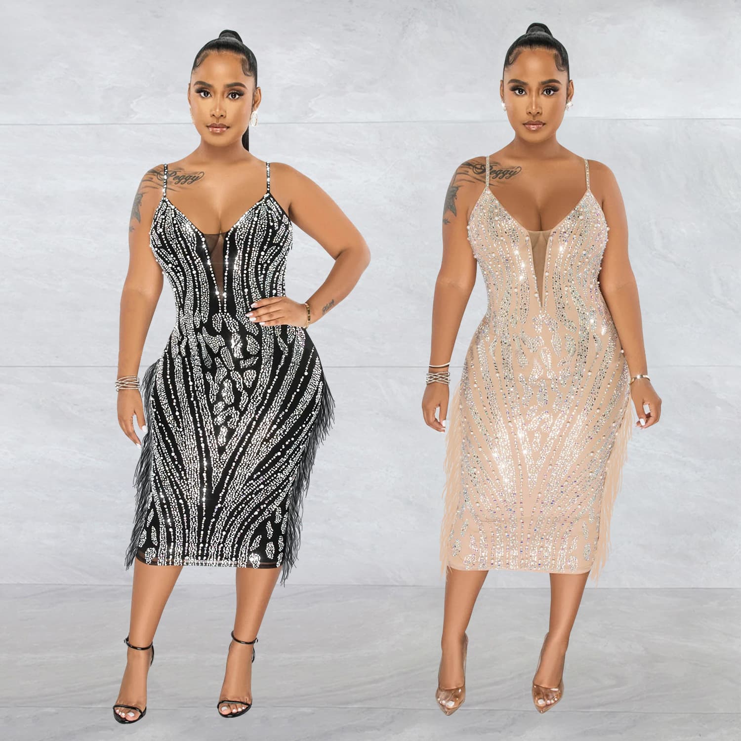 Women's Clothing Solid Color Suspender Sleeveless Mesh Rhinestone Long Skirt Dress