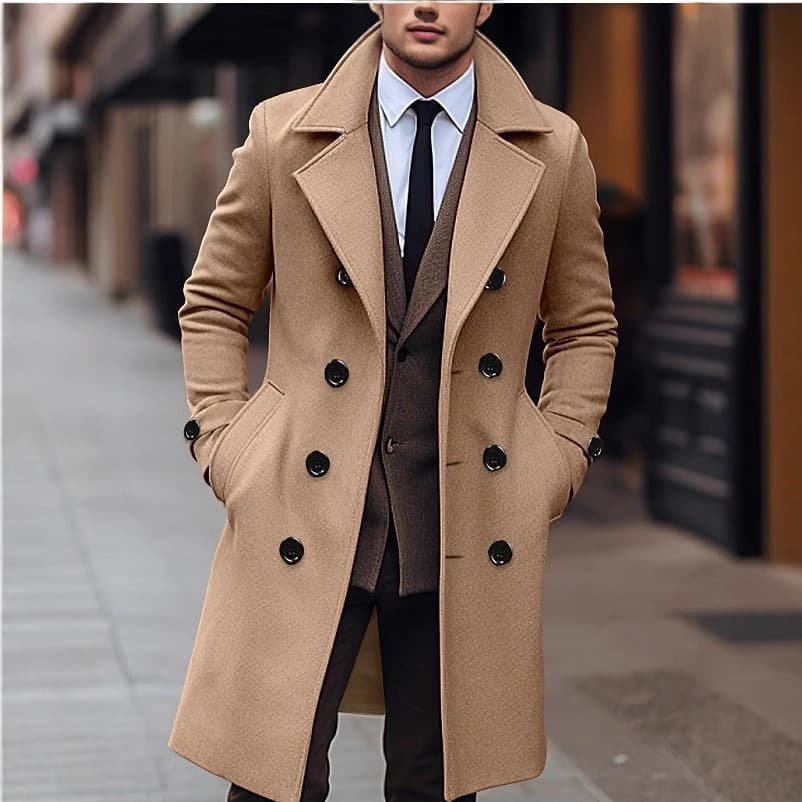 Cross-border Autumn And Winter Men's Solid Color Medium And Long Woolen Coat Korean Version Double-breasted Tweed Trench Coat