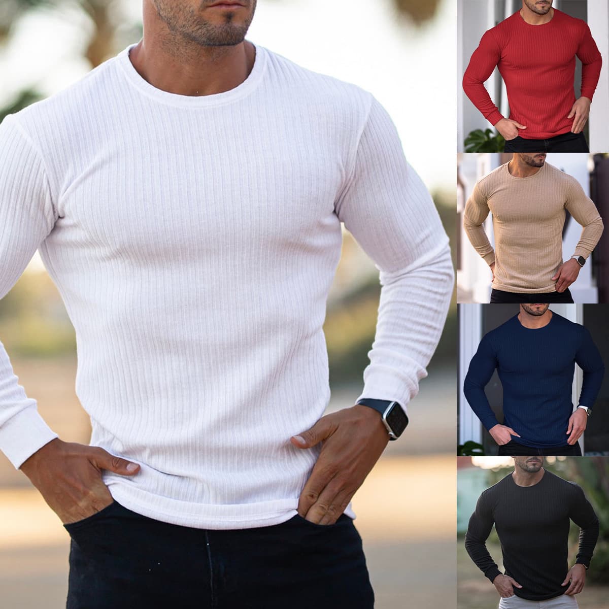 Men's Clothing men's autumn sports fitness casual stand collar elastic vertical strip round neck long sleeved T shirt