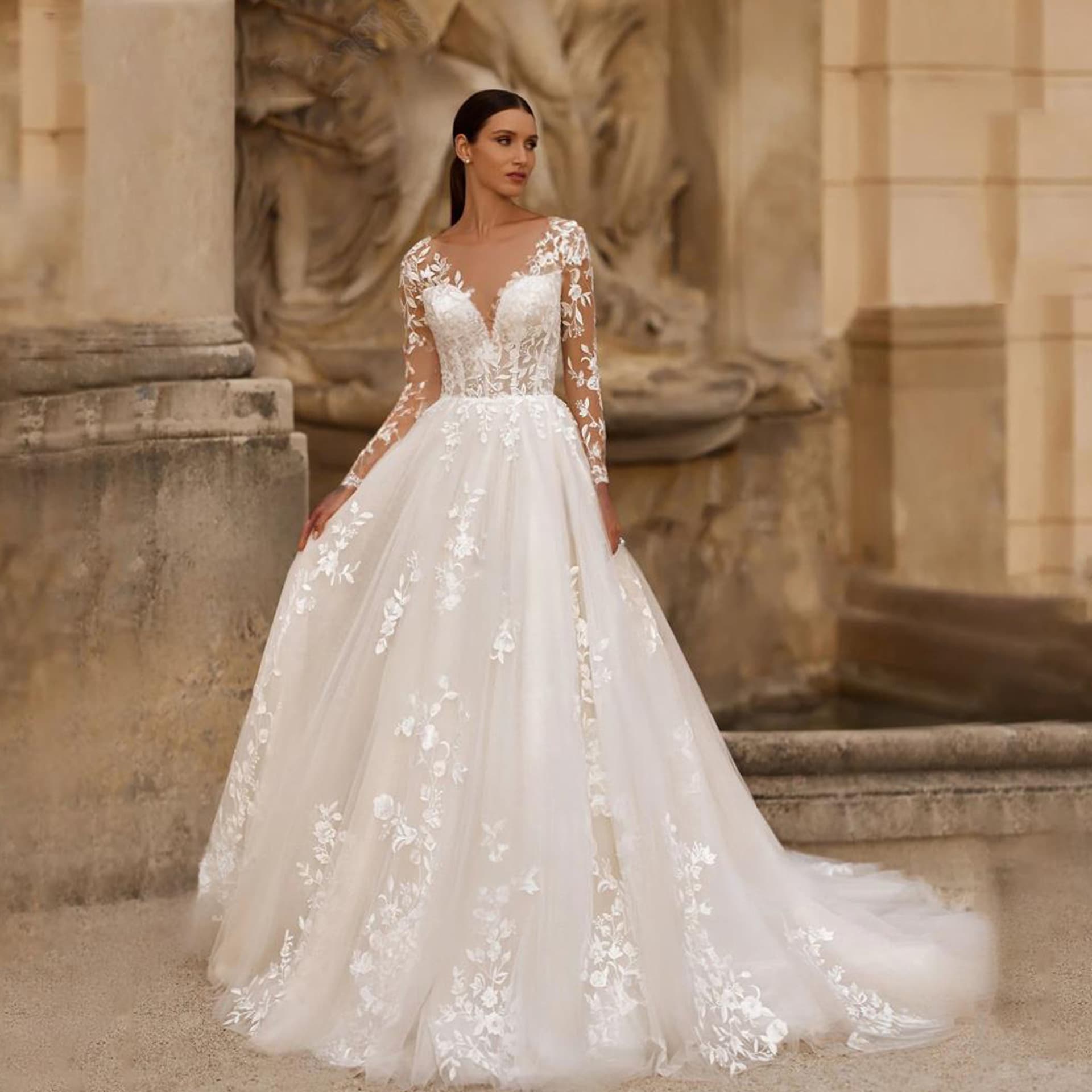 Elegant Long Train Wedding Dress For Bride - Slim Fit, Luxurious Design, Outdoor Ceremony, Romantic & Ethereal Gown