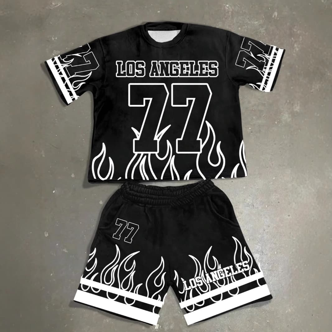 Men's Clothing 2 Pieces Summer Men's Summer Trend Casual Fashion Short Sleeve Shorts Set Letters And Numbers 77 Printing
