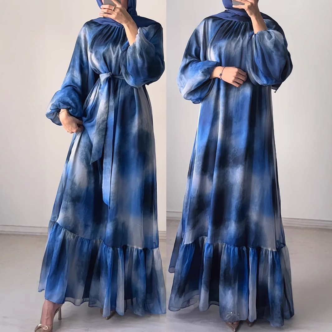 Women's Clothing Casual Fashion Chiffon Round Neck Tie Dye With Belt Long Temperament Elegant Dress