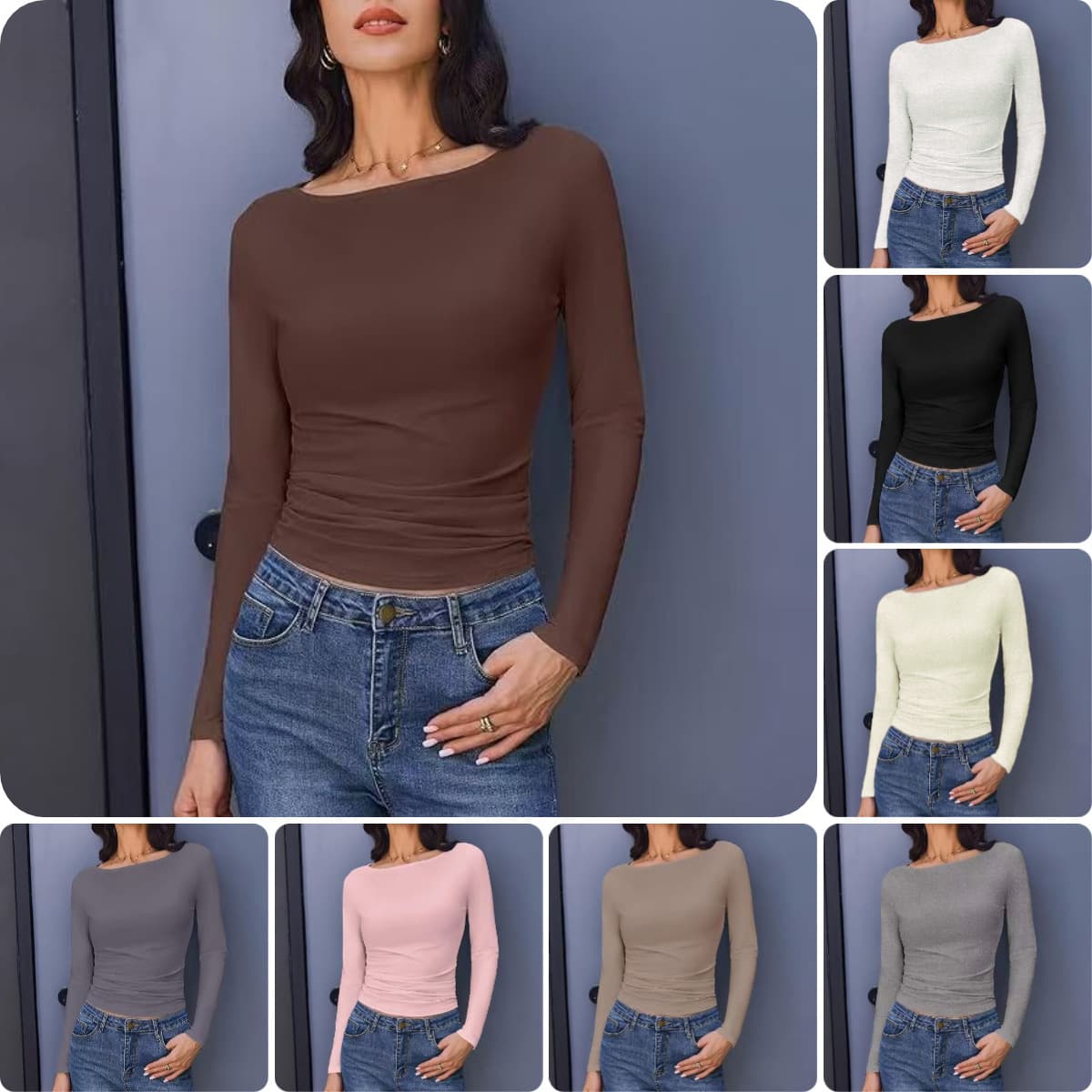 Women's Slim-Fit Long Sleeve T-Shirt – Versatile Layering Top (White/Apricot/Black/Khaki, S-XXL)