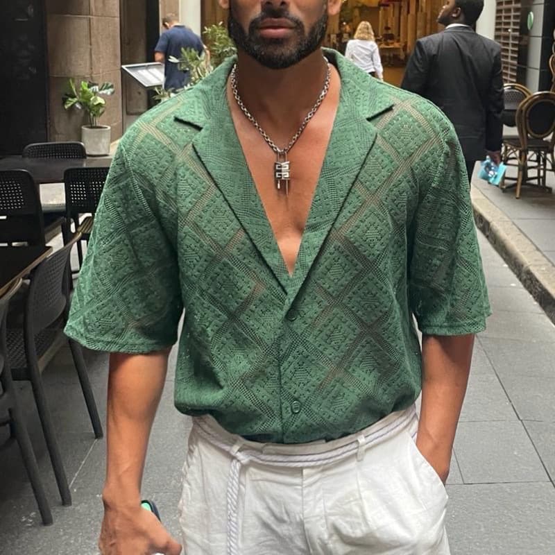 Men's Casual Knitted Sweater Hollow Breathable Short Sleeved Lapel Fashion Men