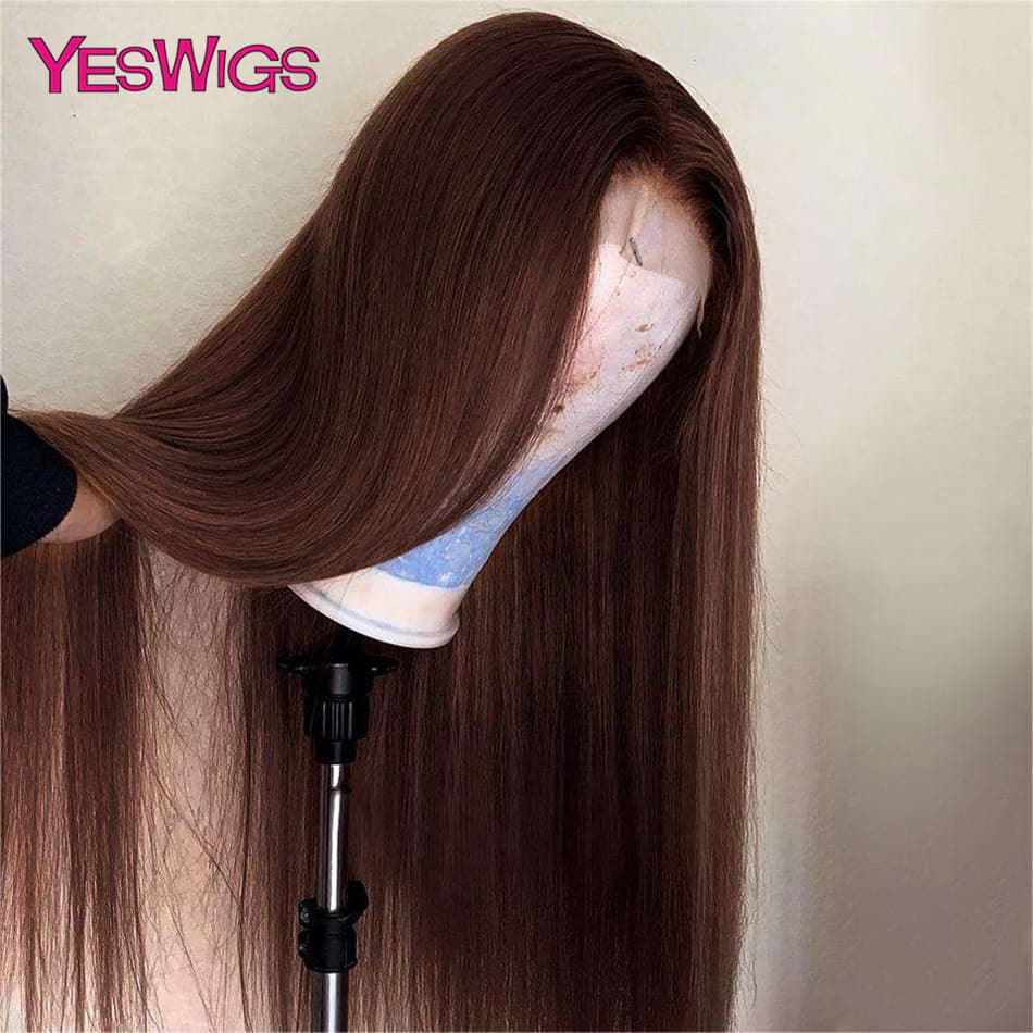 hot selling 13x6 Chocolate Brown Colored Front Human Hair HD Transparent Straight 360 Full Lace Frontal Wigs For Women Glueless