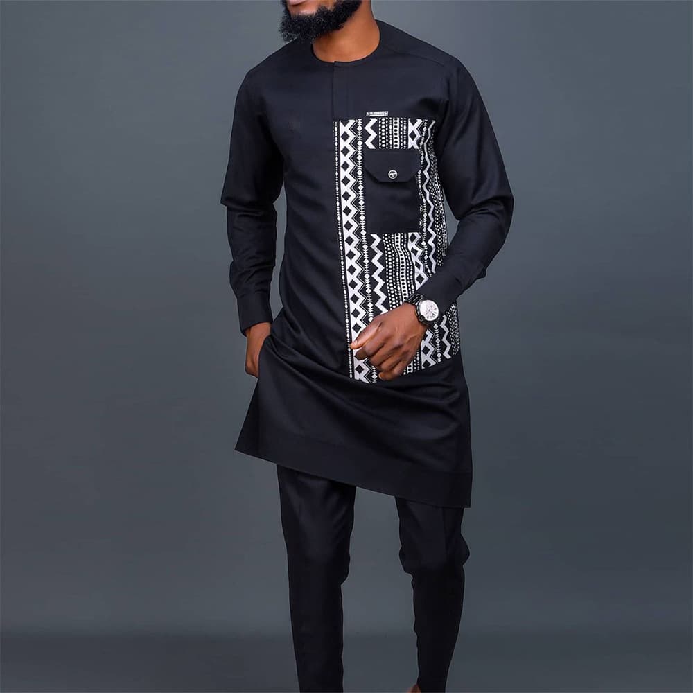 Men's Clothing New Ethnic Style Men's Round Neck Suit Pocket Design Black Suit