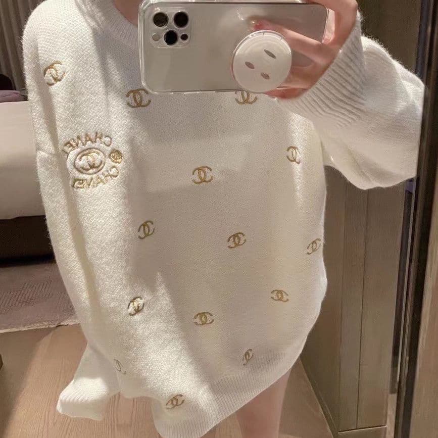 Pull brodé de lettres camélia en fil d'or style Cha Nel, printemps, automne, nouveauté pour femme, doux, cool, polyvalent, hiver