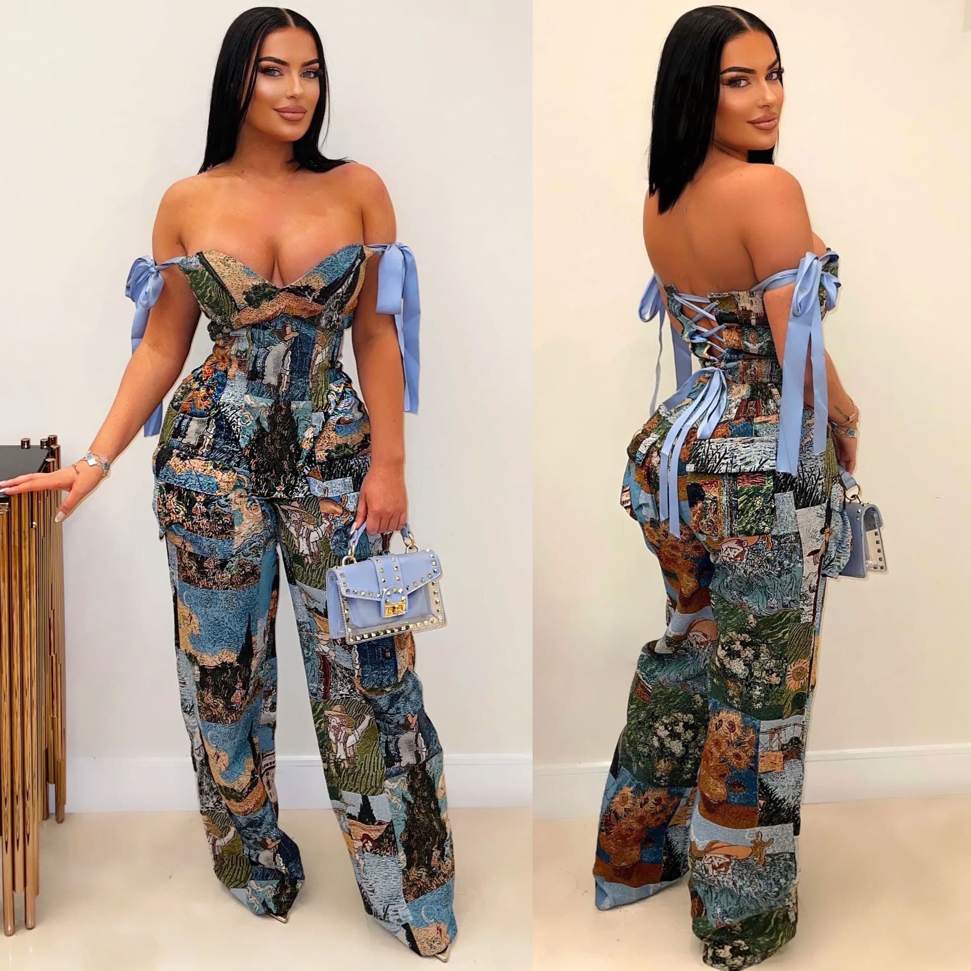 Women's Clothing printed oil painting pattern strap drawstring multi-pocket pants suit