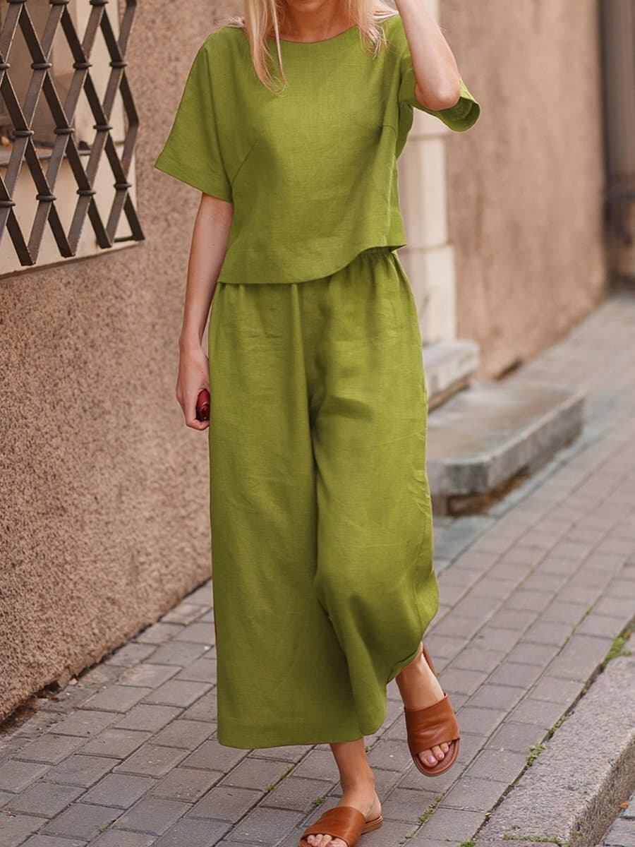 Women's large size suit linen leisure loose solid color suit two-piece suit