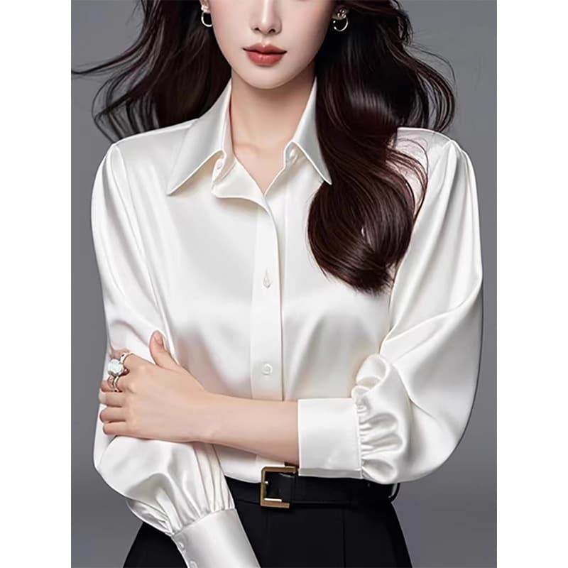 Women's Clothing Heavy Acetate Satin Shirt Women's Long Sleeve Versatile Professional Loose Formal Shirt White