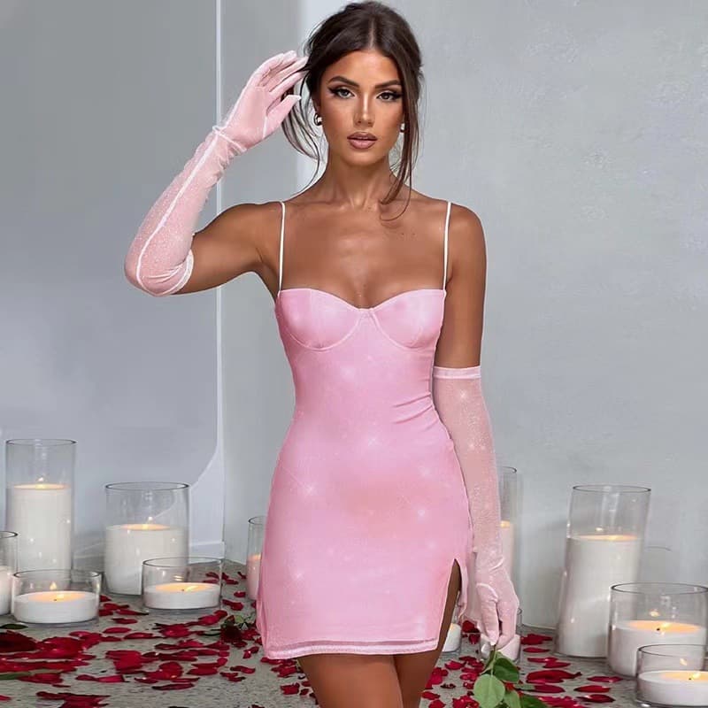 Women's Clothing Autumn And Winter Slim Slit Sexy Short Skirt Dress With Gloves